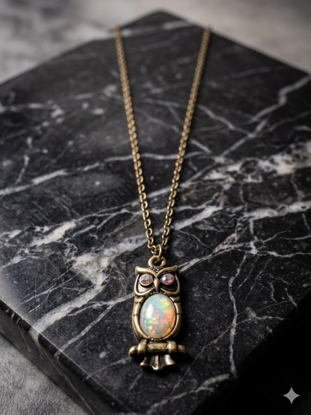 Hand Crafted Gold Owl Necklace with Opalescent Center - Picture 2 of 4